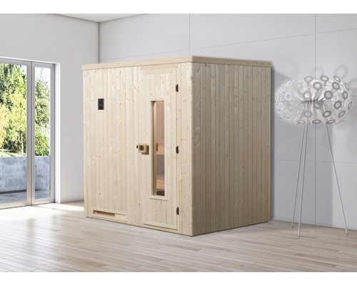 Sauna modulaire Weka Halmstad HT taille 1 avec poêle bio 7,5 kW et commande numérique, avec porte en bois et vitrage à isolation thermique