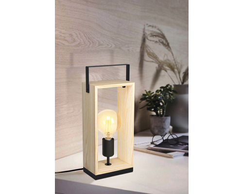 Lampe de table en bois avec poignée en métal noir et ampoule