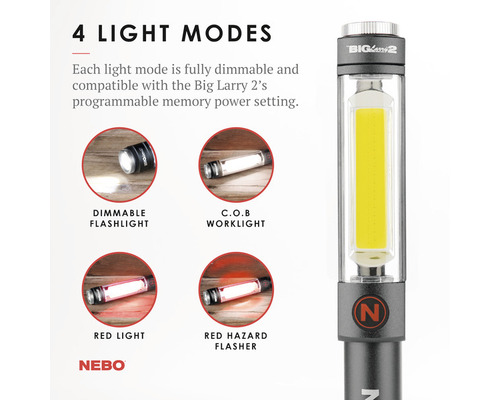 Big Larry 2 Arbeitsleuchte mit vier Lichtmodi: dimmbare Taschenlampe, C.O.B Arbeitsleuchte, Rotlicht und roter Warnblinker.