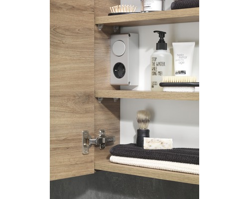 Vue intérieure d''une armoire de salle de bain avec prise électrique et divers articles de toilette