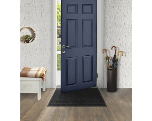 Eingangsbereich mit Fußmatte, Garderobe und teilweise geöffneter Tür