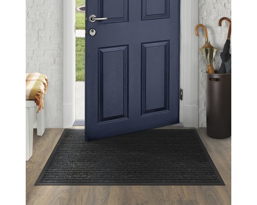 Eingangsbereich mit Fußmatte, Tür und Garderobe