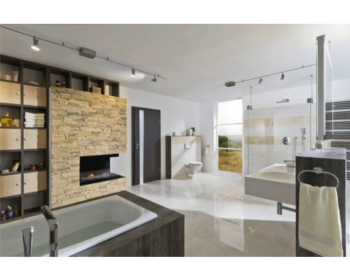 Helles Badezimmer mit Badewanne, Dusche, Toilette, Waschbecken, Regal und Kamin