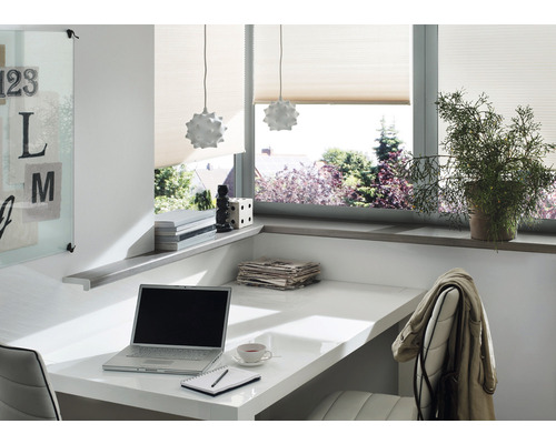 Helles Arbeitszimmer mit Laptop, Jalousien und dekorativen Elementen