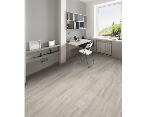 Bureau moderne avec plancher en bois clair, bureau et étagères