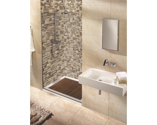 Modernes Badezimmer mit Dusche, Waschbecken und Spiegel