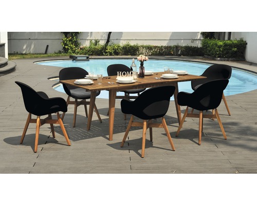 Ensemble de jardin avec table en bois et six chaises au bord de la piscine