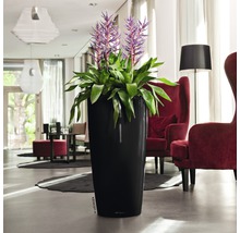 Haut bac à plantes élancé avec plante verte et fleurs violettes dans un salon