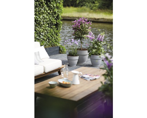 Terrassenszene mit Holztisch, Sitzgelegenheiten und bepflanzten Töpfen am Wasser.