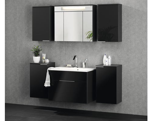 Salle de bains avec meuble sous-lavabo noir, armoire de toilette à miroir et meubles hauts
