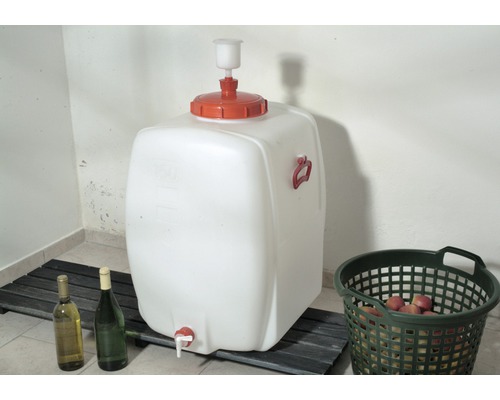 Citerne à moût blanche avec robinet de vidange, deux bouteilles et un panier de fruits