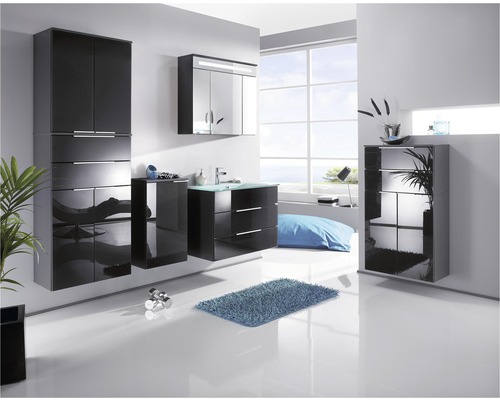 Modernes Badezimmerensemble mit schwarzen Hochglanzmöbeln, Waschtisch, Spiegelschrank und Handtuchheizkörper