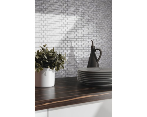 Küchenszene mit Fliesen in Backsteinoptik, Pflanze, Tellern und Ölflasche auf einer dunklen Arbeitsplatte.