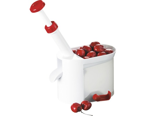 Dénoyauteur pour cerises en plastique blanc avec pied à ventouse et caoutchouc de rechange