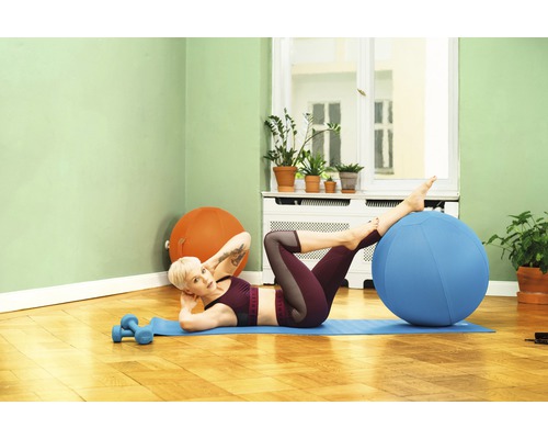 Femme faisant des exercices avec un ballon de gymnastique sur un tapis dans le salon.
