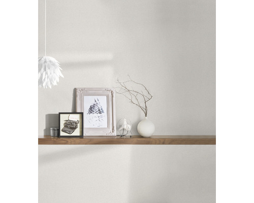 Espace de vie avec étagère, décoration et papier peint