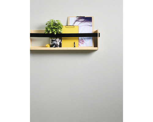 Wandregal mit Pflanze, gelber Notizblock, Zitrone und Bild