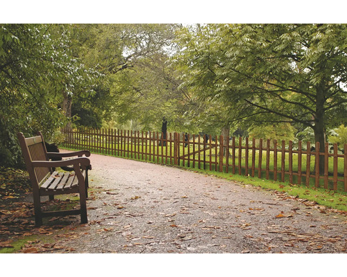 Szene mit Parkbank und Holzzaun entlang eines Weges