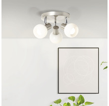 Deckenleuchte mit drei Strahlern und runden Lampenschirmen aus Glas