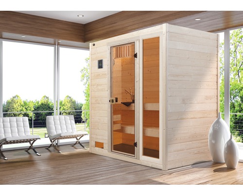 Sauna en bois massif Weka Valida GTF avec poêle 7,5 kW et commande numérique avec fenêtre en porte entièrement vitrée en verre transparent