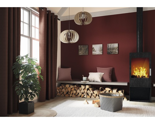 Salon avec cheminée, bois de chauffage, rideaux et plante d''intérieur