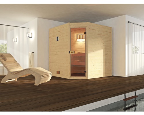 Sauna en bois massif Weka Valida d'angle GT avec poêle 7,5 kW et commande numérique, sans fenêtre avec porte entièrement vitrée en verre transparent