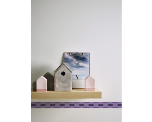 Maisons miniatures décoratives et une image sur une étagère.