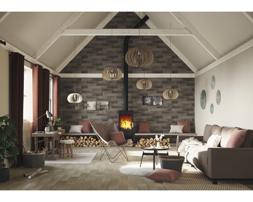 Salon avec cheminée, bois, sièges et décoration