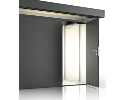 Abri de jardin gris foncé avec portes doubles ouvertes et logo Casa Nova