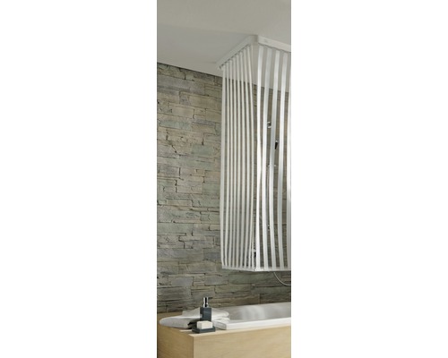 Schmales Ersatz-Duschrollo für Kassette Kleine Wolke 53 x 240 cm weiß ohne Kassette Badezimmer mit Badewanne, Duschvorhang und Steinwand