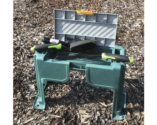 Tabouret de jardin avec coffre à outils et outils de jardinage