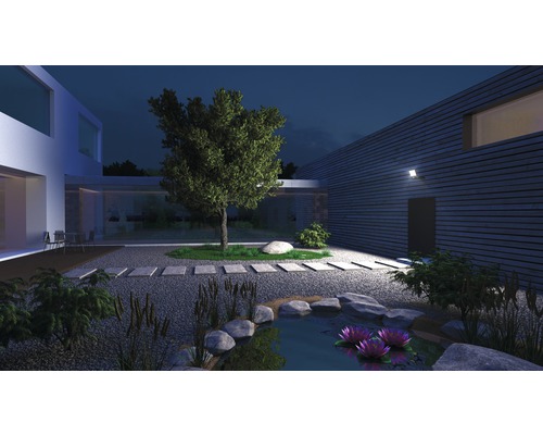 Jardin éclairé avec bassin, pierres, plantes et maison moderne de nuit.