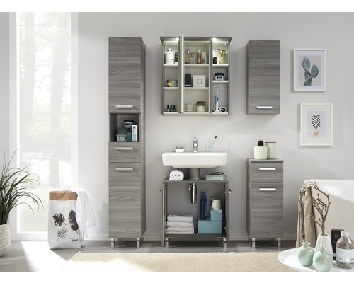 Salle de bain avec lavabo, armoire de toilette et meubles en bois gris