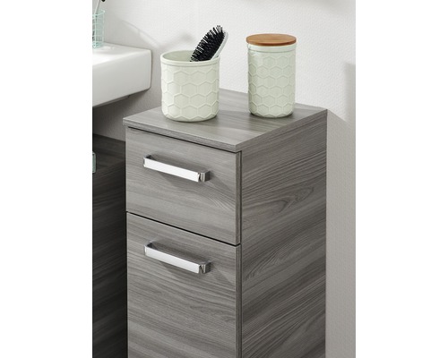 Meuble bas de salle de bains gris avec deux tiroirs et récipients de rangement