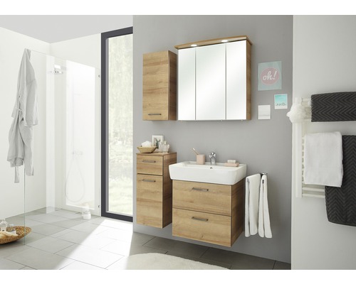 Badezimmer mit Waschtisch, Spiegelschrank, Hochschrank und Dusche