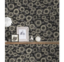 Tapete mit Sonnenblumenmuster auf dunklem Hintergrund