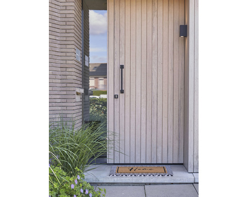 Außenansicht eines modernen Hauses mit Haustür, Türgriff, Außenleuchte und Fußmatte