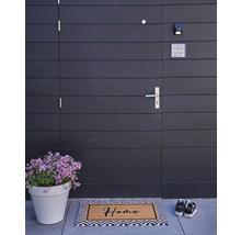 Eingangsbereich mit Fußmatte, Blumentopf und Hausschuhen vor einer Holztür.