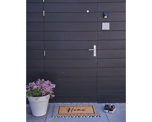 Eingangsbereich mit Fußmatte, Blumentopf und Hausschuhen vor einer Holztür.