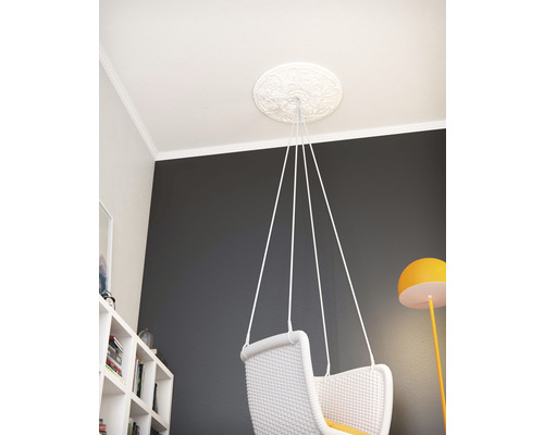 Rosace de plafond avec fauteuil suspendu dans une pièce lumineuse