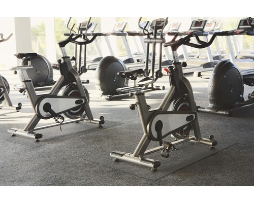 Salle de sport avec plusieurs vélos stationnaires et tapis de course