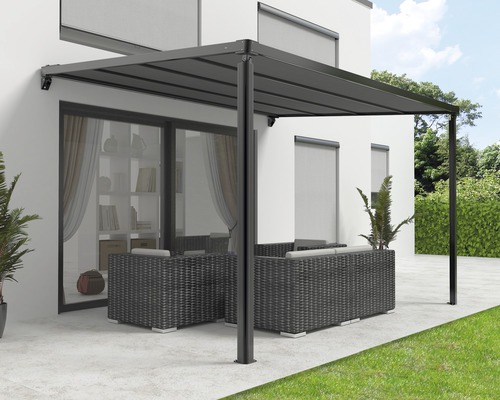 Pergola avec toit en tissu 3,94x3,94 tissu uni anthracite châssis RAL 9011 noir graphite avec moteur, télécommande et éclairage LED (fixation murale)-0