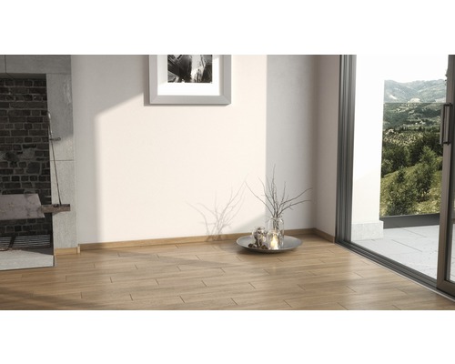 Pièce claire avec parquet, tableau au mur, décoration sur un plateau et vue sur la verdure