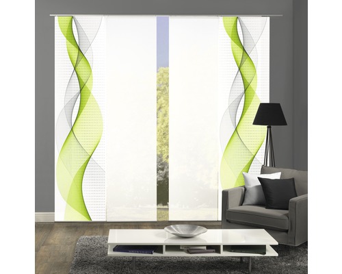 Ambiance de pièce avec un rideau coulissant à motif ondulé vert