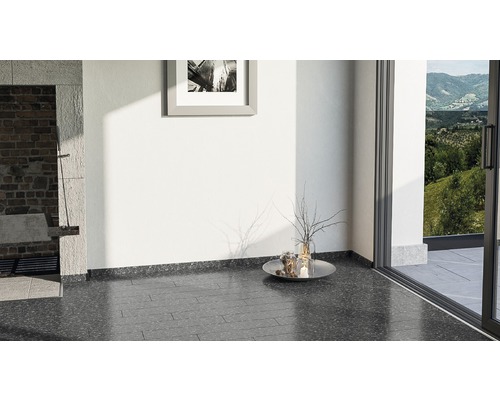 Intérieur avec sol foncé, mur blanc et tableau