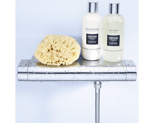 Duscharmatur mit Schwamm, Körperlotion und Duschgel