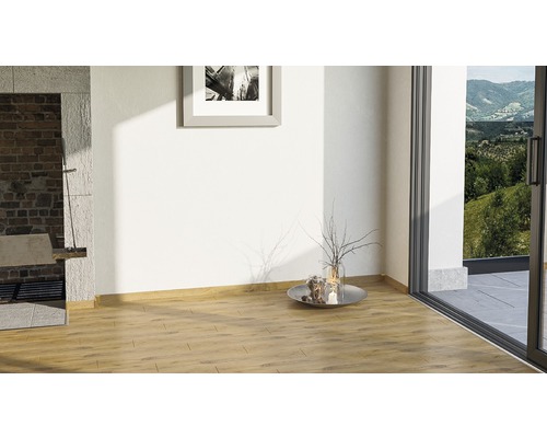Pièce lumineuse avec plancher en bois, cheminée et porte-fenêtre