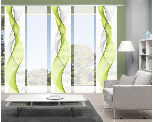 Scène de pièce avec des panneaux japonais à motif ondulé vert et gris