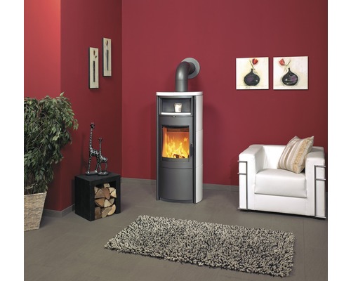 Kaminofen in einem Wohnraum mit Dekoration und Sitzgelegenheit.