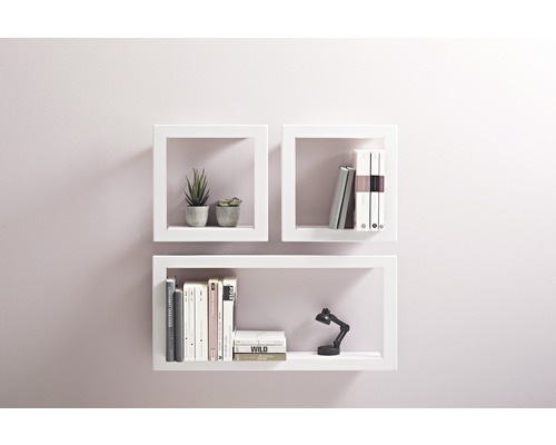Combinaison d''étagères décoratives avec deux étagères cubes et une étagère murale rectangulaire pour montage mural